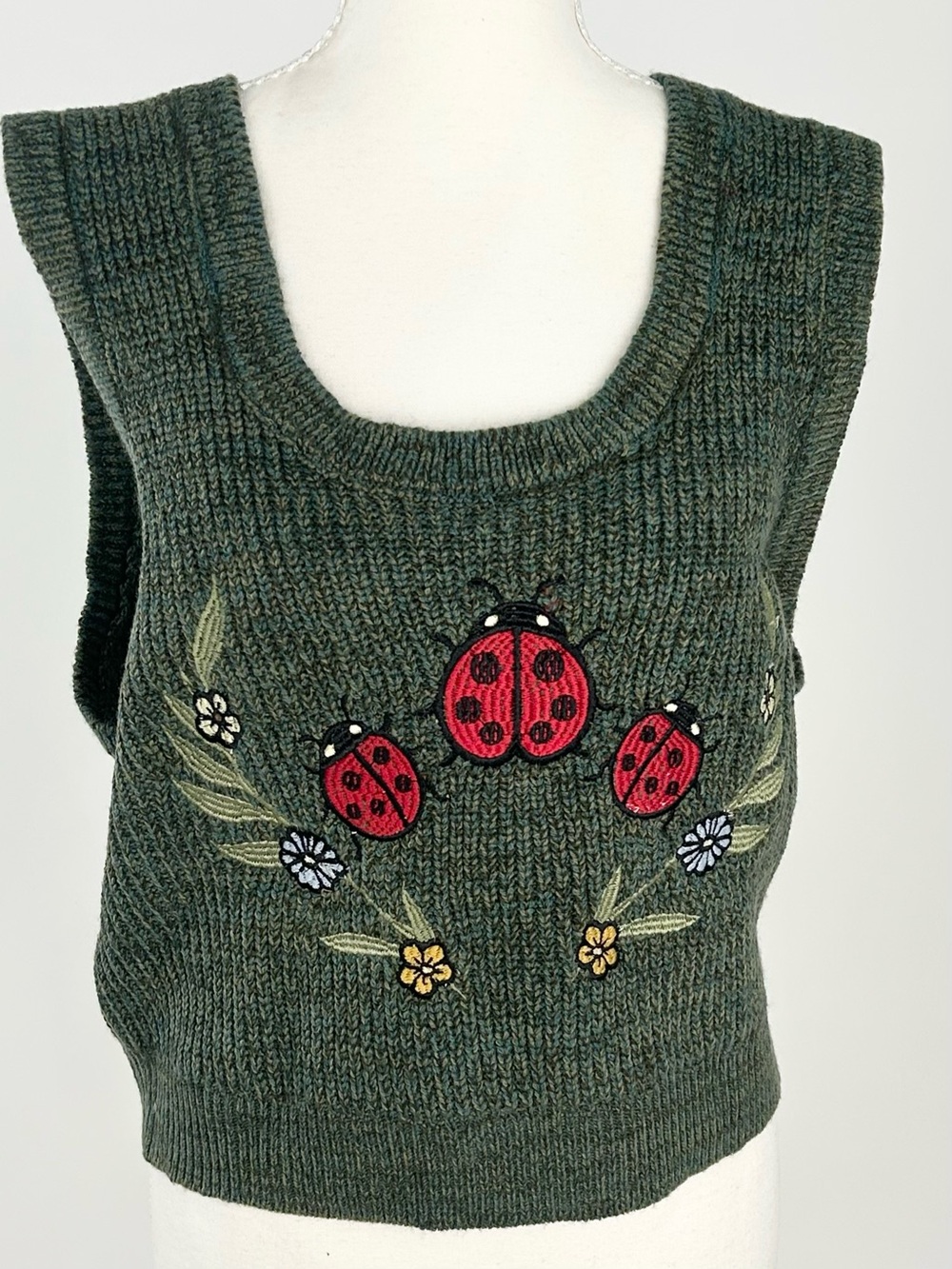 Thorn & Fable Ladybug Embroidered Sweater Vest Green 3X Cottagecore